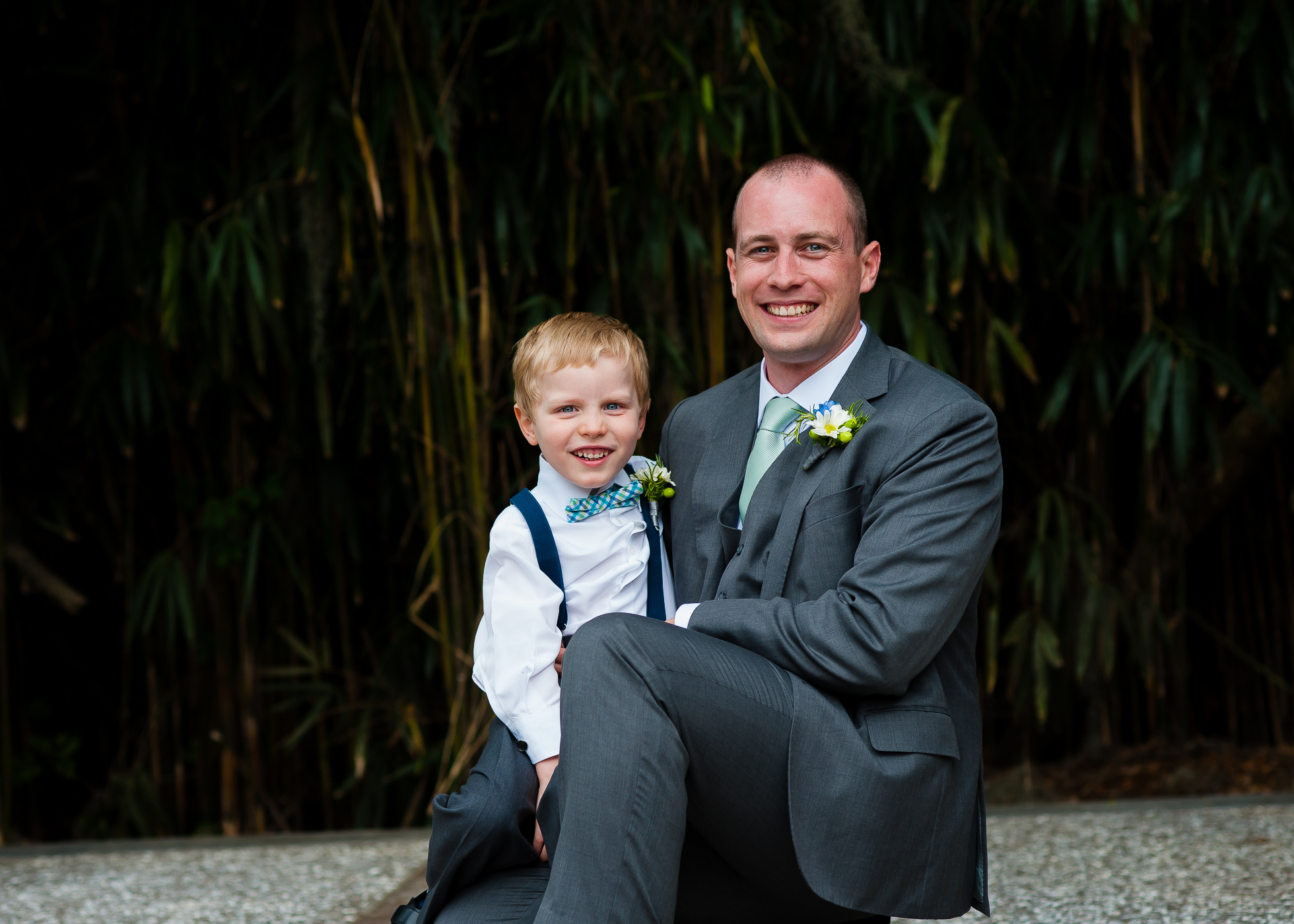 groom and ring bearer wedding day portrait at Magnolia Plantation carriage house