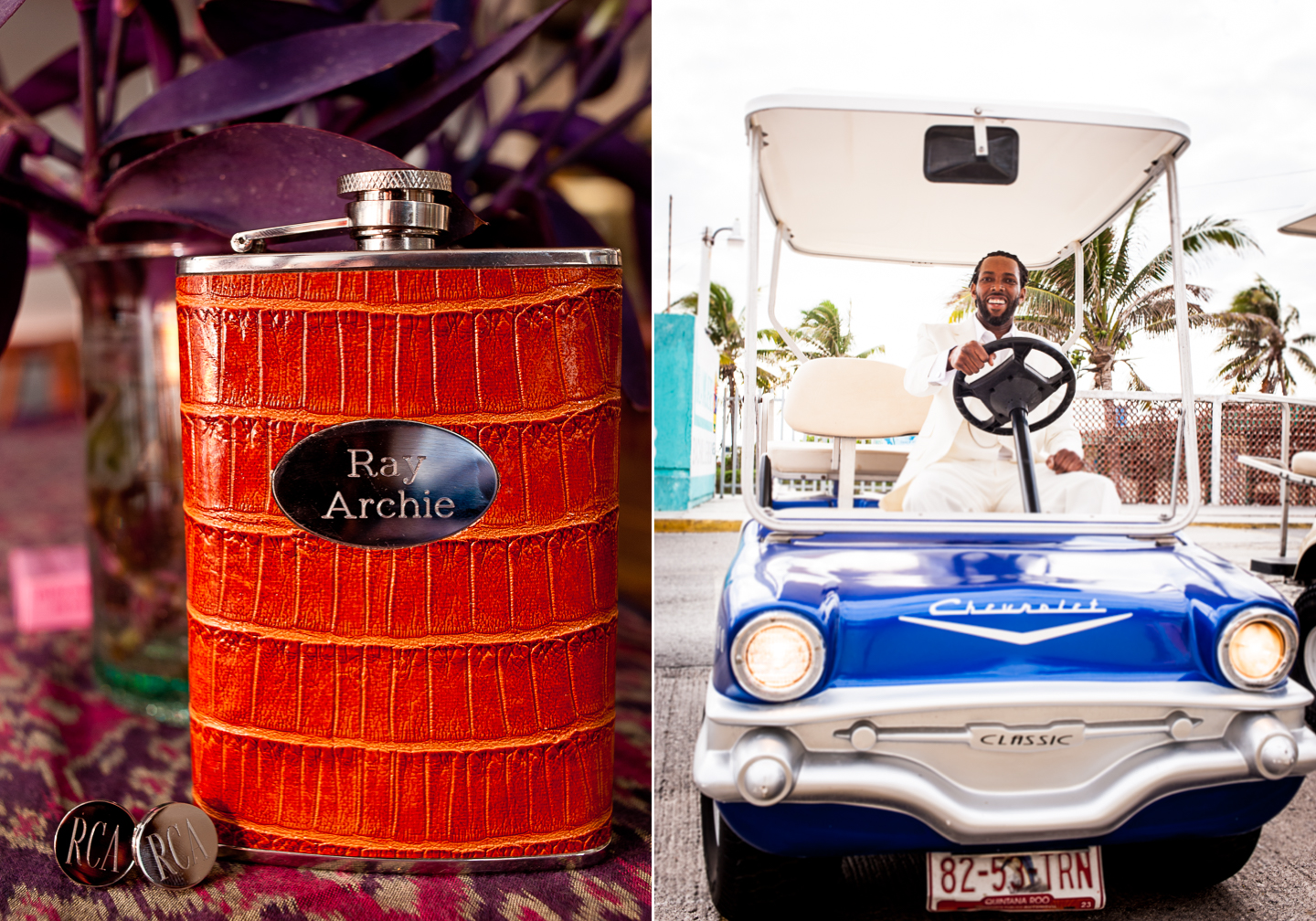 isla mujeres destination wedding groom  in golf cart 