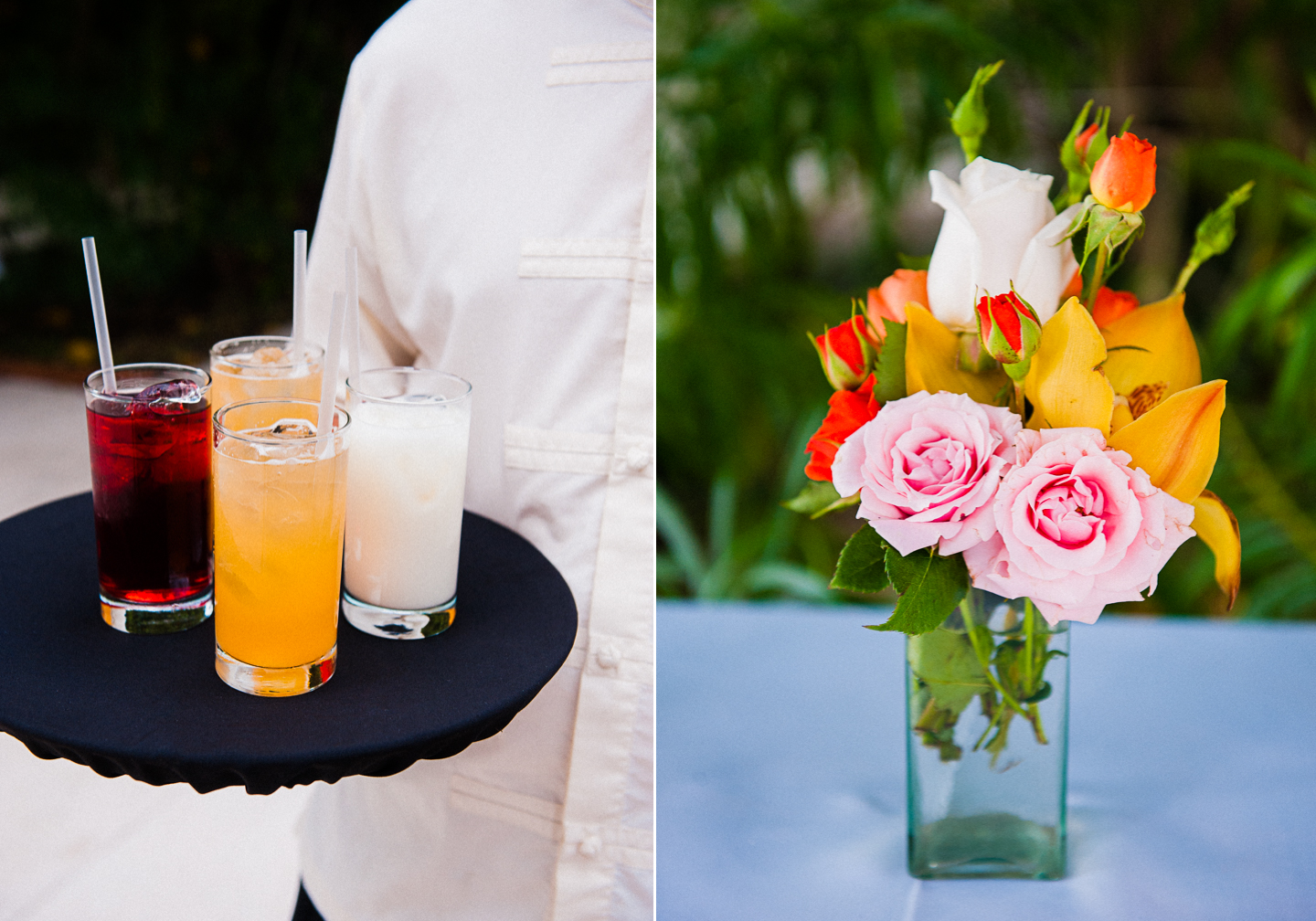 fruity drink and colorful flowers at zama beach club wedding 