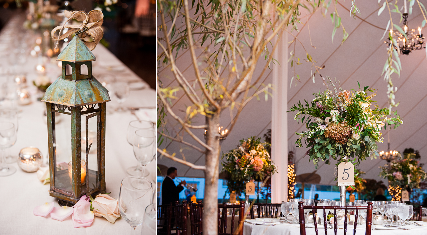 beautiful tall centerpieces adorn tented wedding table