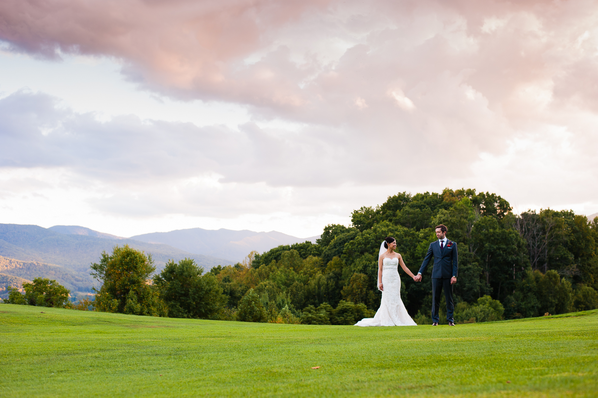 bride and groom at their asheville mountain wedding 