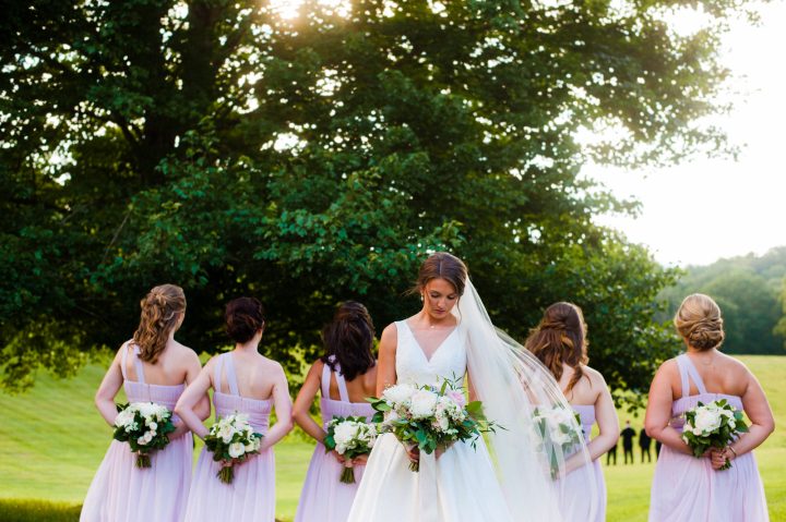 bride and bridesmaids in the meadow at lioncrest