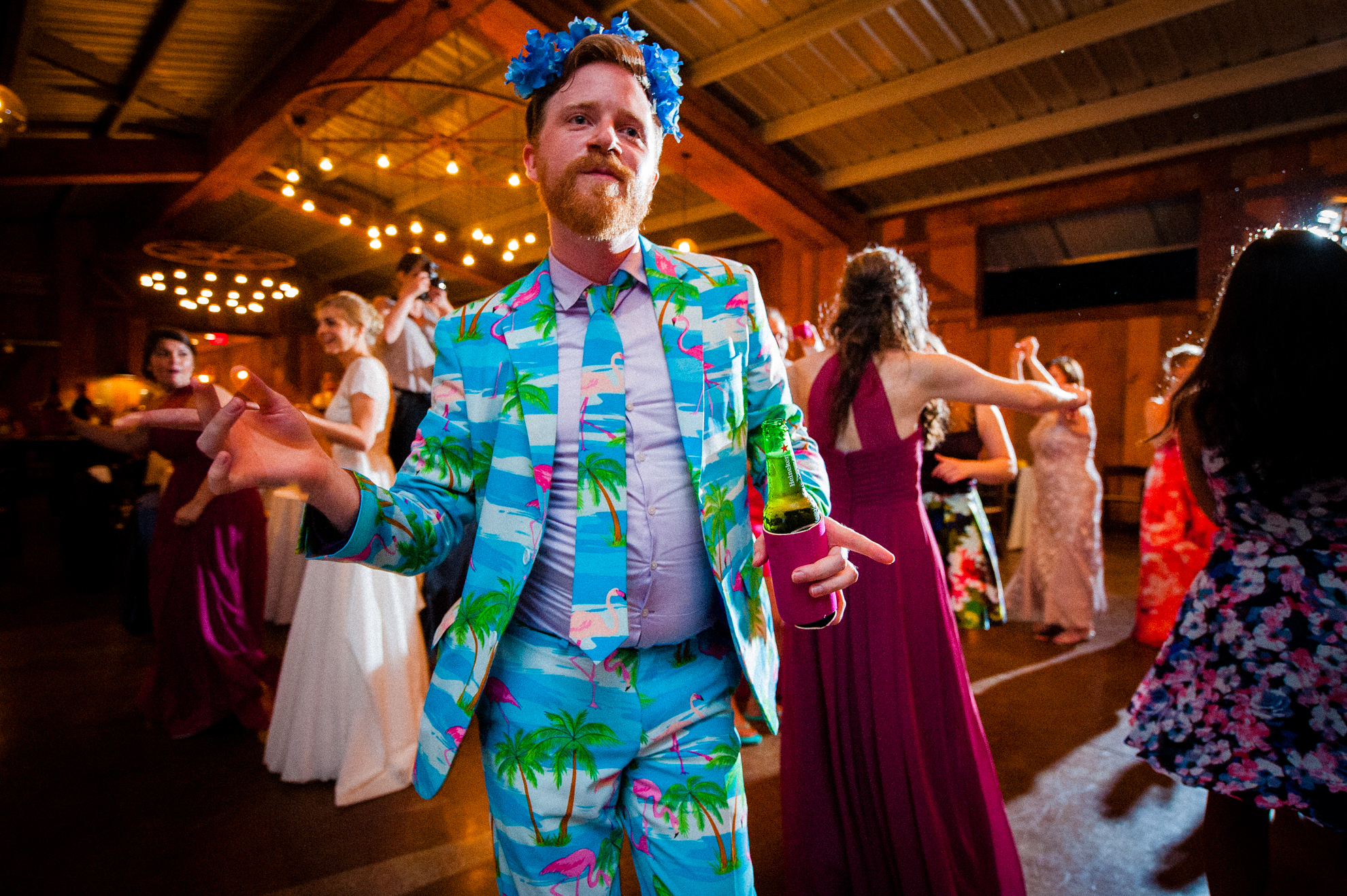 wedding guests wearing an amazing suit