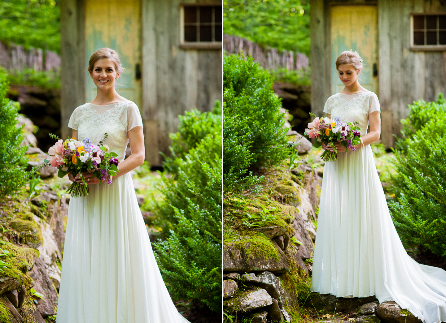 bride on the steps by vineyards at bettys creek honeymoon cabin