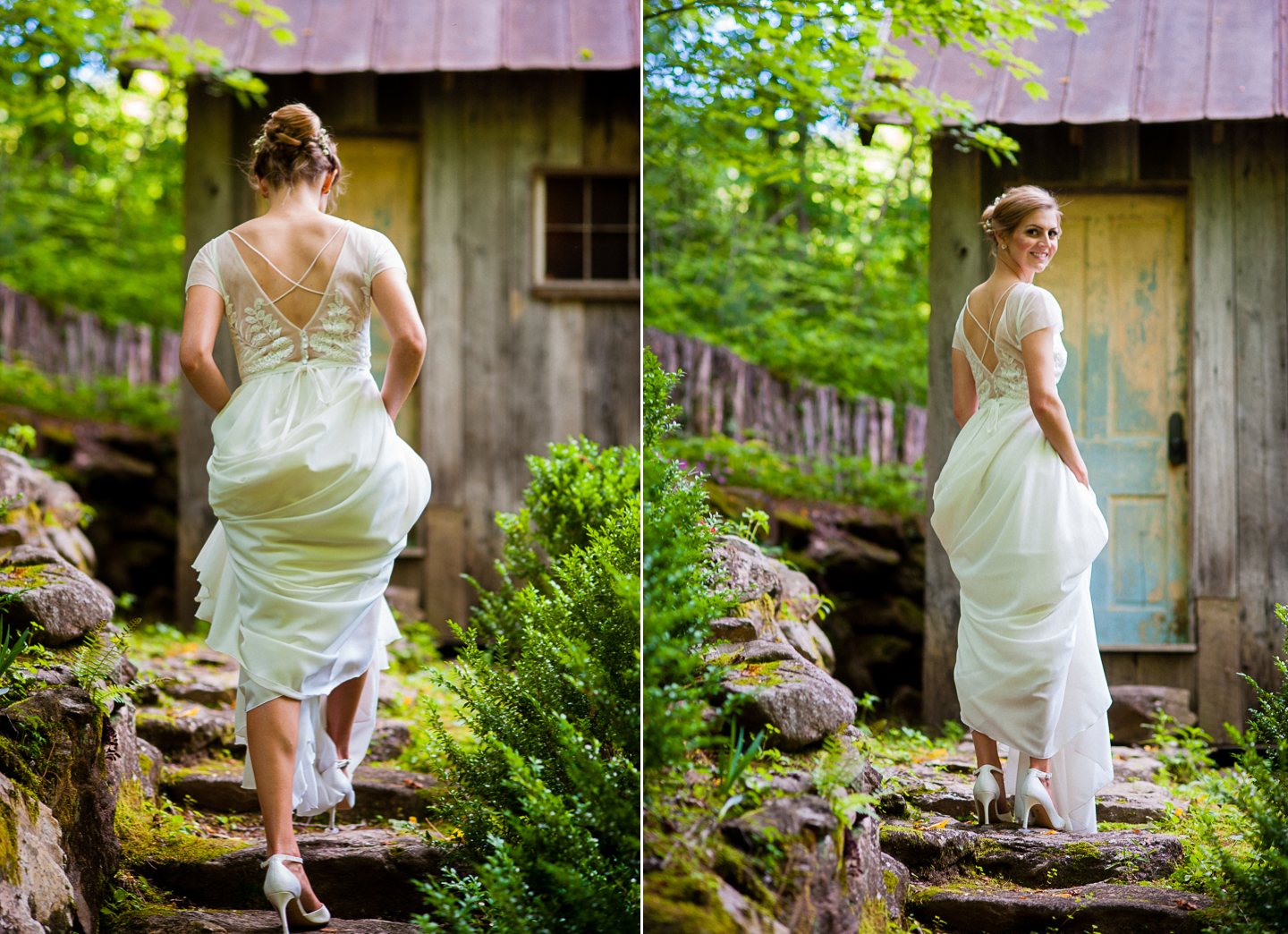 beautiful bride holding her colorful bouquet at vineyards at bettys creek 