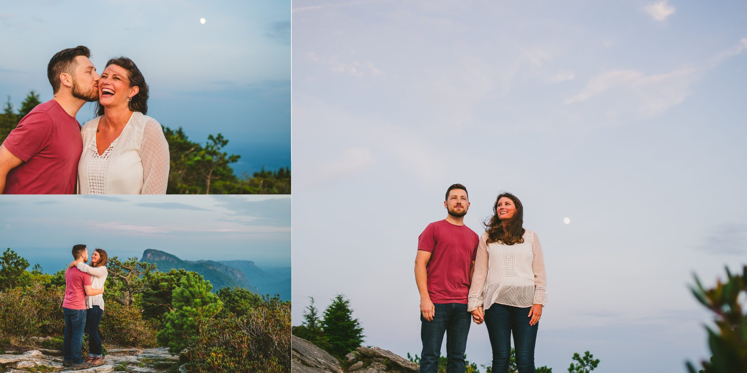 Couple having fun during adventurous mountain engagement session