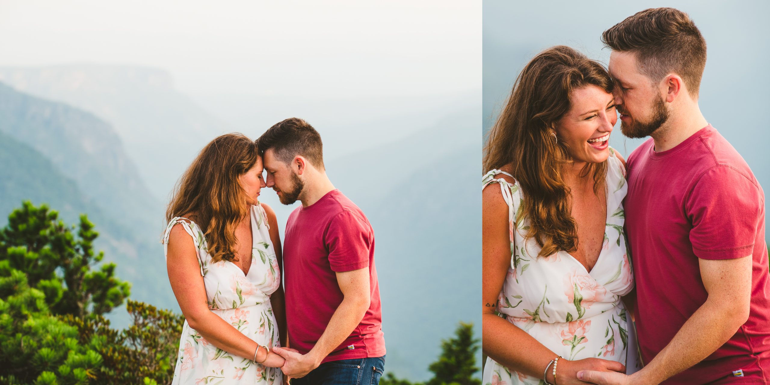 Couple embraces during their Hawksbill Mountain engagement session