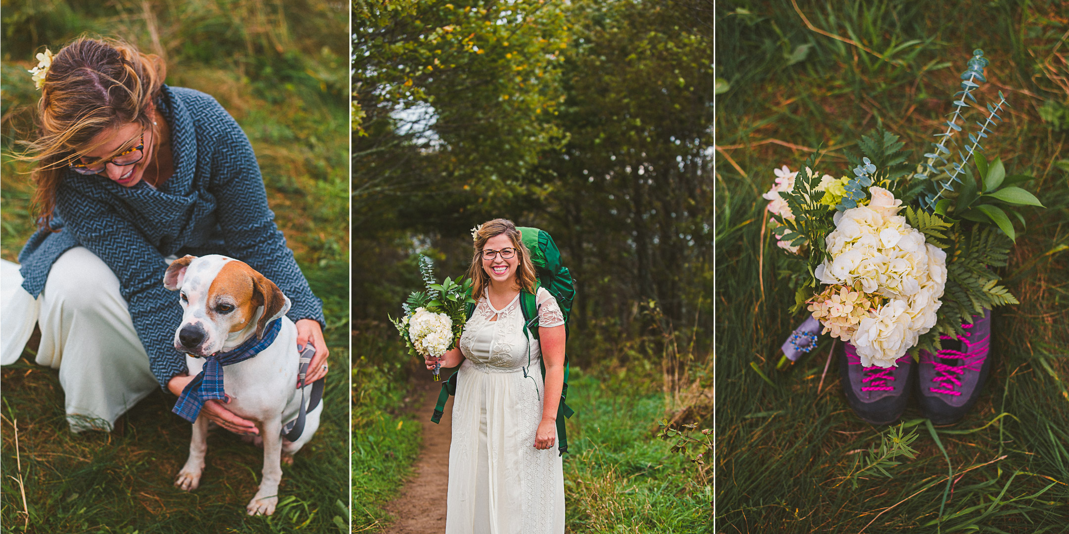 Adventurous bride walking up Appalachian trail for her elopement on Max Patch 