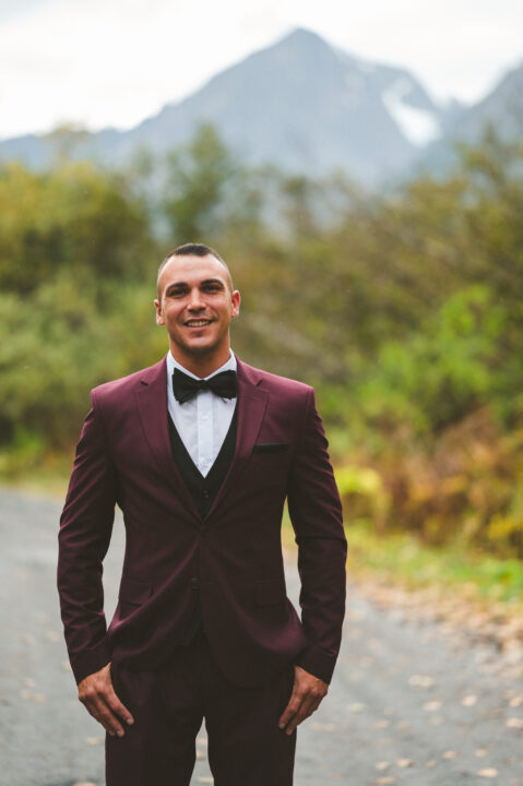 Groom portrait with Mt Marathon in background