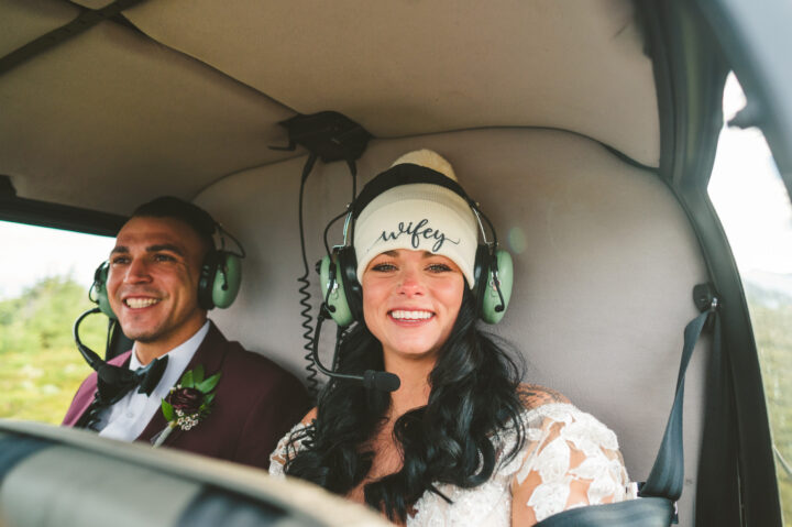 Bride and groom in helicopter 